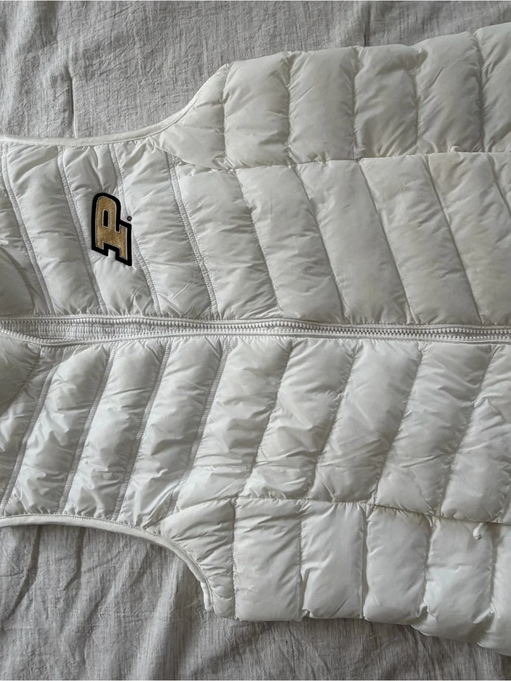 32 Degrees White Puffer Vest with Gold & Black Purdue 'P' Patch